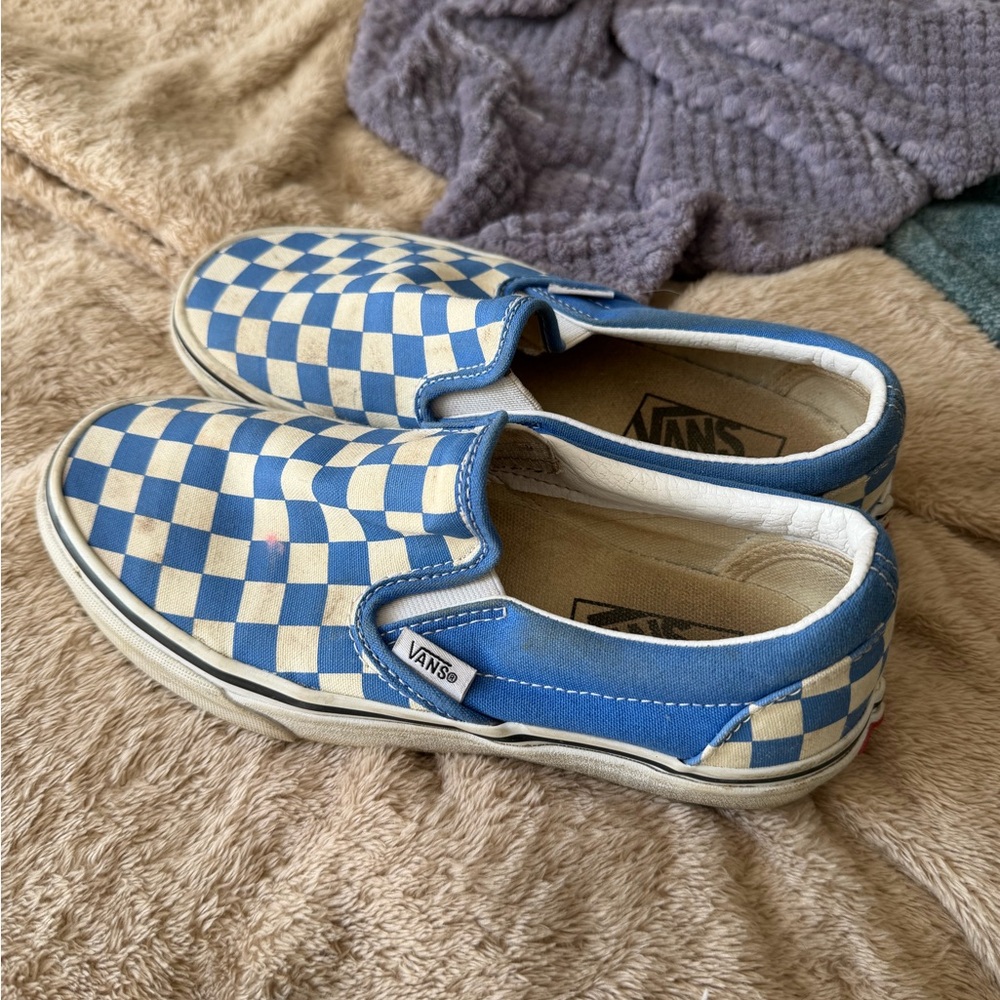 Vans Blue and Cream Checkered Slip-On Sneakers